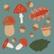 Mushroom hunting vector illustrations on turquoise background