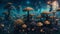 Mushroom landscape in fantasy art style unfolded like a dreamscape, with towering mushrooms of various sizes and shapes.