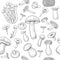 Mushroom pattern seamless. Engraved edible food sketch, organic outline truffle, shiitake and morel. Line art hand drawn