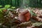 Mushroom Peziza badia close-up in the spring forest