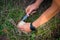 Mushroom picker cuts mushrooms with a knife