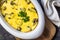 Mushroom pie close up  in casserole dish - top view