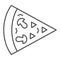 Mushroom pizza slice thin line icon. Piece of bun, food portion with mushrooms symbol, outline style pictogram on white