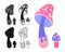 Mushroom psychedelic fantastic toadstool set retro hippie fungus alchemy doodle drawn cartoon vector