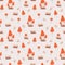 Mushroom red with white dots and grass seamless pattern, fly agaric seasonal Halloween vector illustration