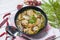 Mushroom soup bowl - Yellow wild mushroom or grisette Amanita vaginata edible mushrooms cooked Asian food