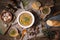 Mushroom soup puree in ceramic bowls three servings