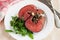Mushroom and spinach stuffed beef heart with arugula
