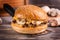 Mushroom Swiss Sandwich isolated on cutting board top view on dark background american fast food