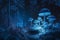 Mushroom winter wonderland fill will snow covered bioluminescent glowing mushroom in forest, Generative Ai