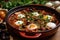 mushrooms added to the traditional shakshuka in an earthenware dish