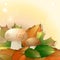 Mushrooms and autumn leaves on a light background with place for your text.