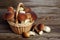 Mushrooms boletus on wooden background. Autumn mushrooms. Gourment food