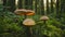 Mushrooms cluster on vibrant foliage in an enchanted forest at night, crafting a mystical and captivating scene, An enchanted