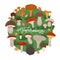 Mushrooms edible vegeterian mushrooming poster circle composition. Cartoon champignon, boletus, forest chanterelle