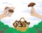 Mushrooms in the forest, pick mushrooms in the basket, the hand holds the fruit. Vector concept illustration.