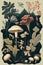 Mushrooms, fungi, and flowers in the forest. Illustration of retro vintage poster. Plants, botany, and fauna.