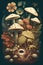 Mushrooms, fungi, and flowers in the forest. Illustration, retro, vintage poster. Plants, botany, and fauna.
