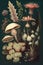 Mushrooms, fungi, and flowers in the forest. Succulents Illustration, retro, vintage poster. Plants, botany, and fauna.