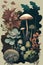 Mushrooms, fungi, and flowers in the forest. Succulents Illustration, retro, vintage poster. Plants, botany, and fauna.