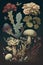 Mushrooms, fungi, and flowers in the forest. Succulents Illustration, retro, vintage poster. Plants, botany, and fauna.
