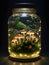 mushrooms in glass jar with lights inside