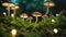Mushrooms grace a lush green field, showcasing their natural beauty against the vibrant backdrop, An enchanted forest in the night