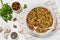 mushrooms ground meat casserole in dish, top view