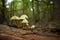 Mushrooms growing on a dead, rotten tree stump in forest.