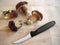 Mushrooms with knife in kitchen