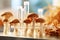 Mushrooms on a laboratory table with glass test tubes and trays. Generative AI