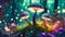 Mushrooms on a magical forest floor with sunlight.