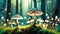 Mushrooms on a magical forest floor with sunlight.