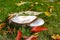 Mushrooms on a meadow which are standing very close to each other