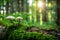 Mushrooms on a Mossy Log in a Sunlit Forest