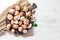 Mushrooms on a white wooden background. Champignons Top view.