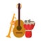 Music acoustic guitar drum with sticks and trumper