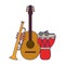 Music acoustic guitar drum with sticks and trumper blue lines