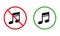 Music Area Black Silhouette Icon Set. Silence Zone Place Red Forbidden Round Sign. Allowed Place for Sing Music Green