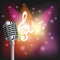 Music background realistic microphone on bright background notes spotlight light