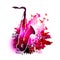 Music background with saxophone, musical notes and flying birds Digital watercolor painting.