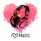 Music background with splash watercolor heart and sketch headphones. Hand drawn illustration