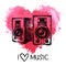 Music background with splash watercolor heart and sketch speakers. Hand drawn illustration