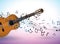 Music banner design with acoustic guitar and falling notes on clean background. Vector illustration template for