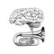 Music and brain in vintage style. Jazz tuba or trumpet. Hand Drawn grunge sketch for tattoo or t-shirt or woodcut