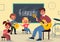 Music class learning. Young students listen teacher. Man with guitar teaches children in classroom interior, elementary