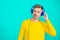 Music concept. Modern lifestyle. Man listening audio in music headphones. Caucasian man isolated on blue. Mature man