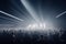 Music concert or electronic music festival crowd and audience with beams light show and concert lighting. Generative AI