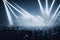 Music concert or electronic music festival crowd and audience with beams light show and concert lighting. Generative AI