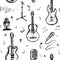 Music Doodle Vector pattern. Hand drawn sketch of guitar and microphone isolated